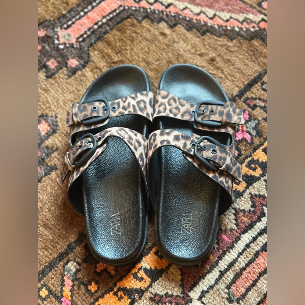 Zara Black and Brown Slide Sandals with Double Straps - Picture 7 of 10